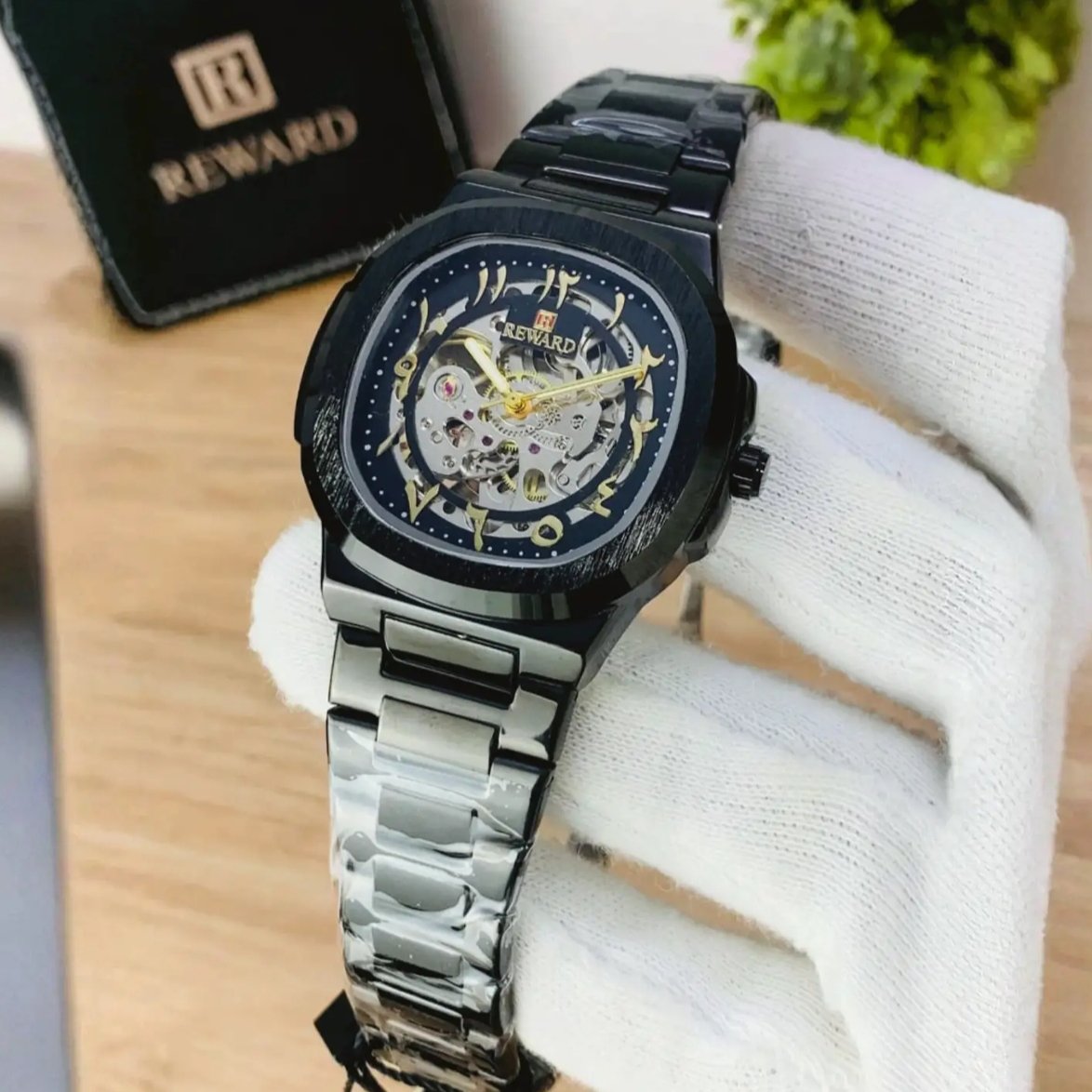 REWARD Full Black Skeleton Automatic Watch for Men - Luxury Matte Black Stainless Steel Watch